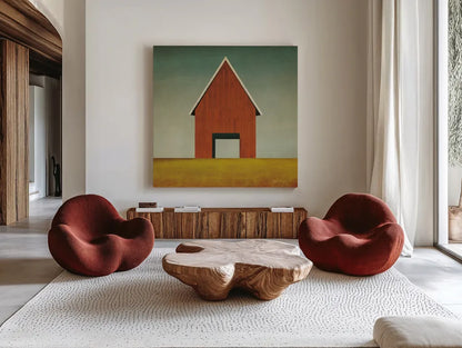 Orange Barn Summer Crop by Ryan Fowler. Shown as extra-large giant wall art in a modern living room. Available as an archival giclee rolled canvas, fine art paper, or poster print. SKU 77627a.