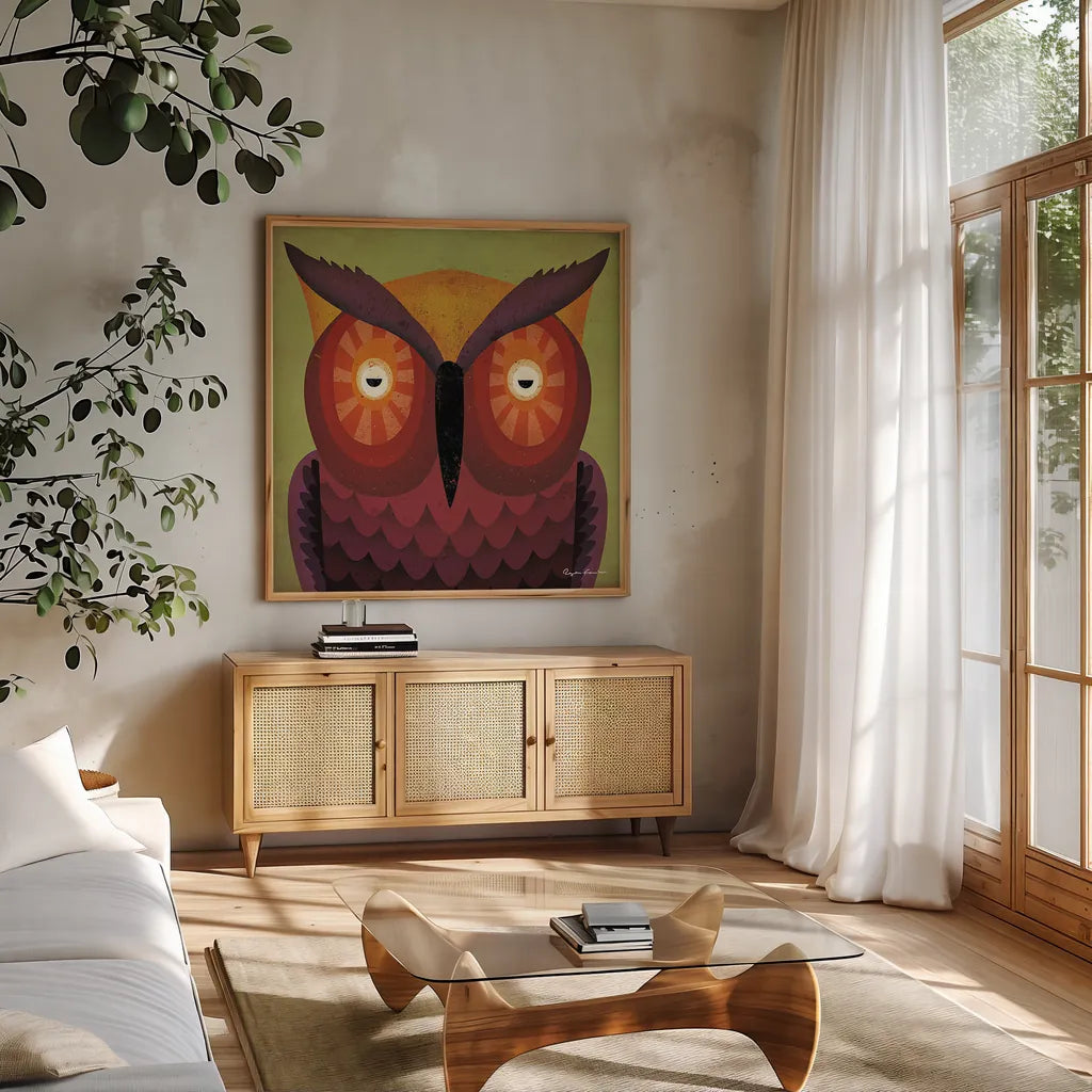 Owl Wow by Ryan Fowler. Shown in a natural wood frame in a cozy modern living room. Available as an archival giclee rolled canvas, fine art paper, or poster print. SKU 12200a.
