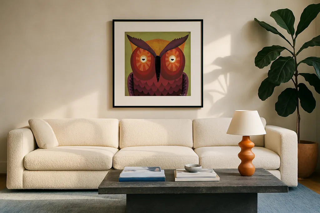 Owl Wow by Ryan Fowler. Displayed in a glass frame with matte in a clean modern living room. Available as an archival giclee rolled canvas, fine art paper, or poster print. SKU 12200a.