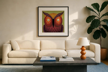 Owl Wow by Ryan Fowler. Displayed in a glass frame with matte in a clean modern living room. Available as an archival giclee rolled canvas, fine art paper, or poster print. SKU 12200a.
