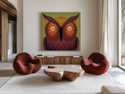 Owl Wow by Ryan Fowler. Shown as extra-large giant wall art in a modern living room. Available as an archival giclee rolled canvas, fine art paper, or poster print. SKU 12200a.