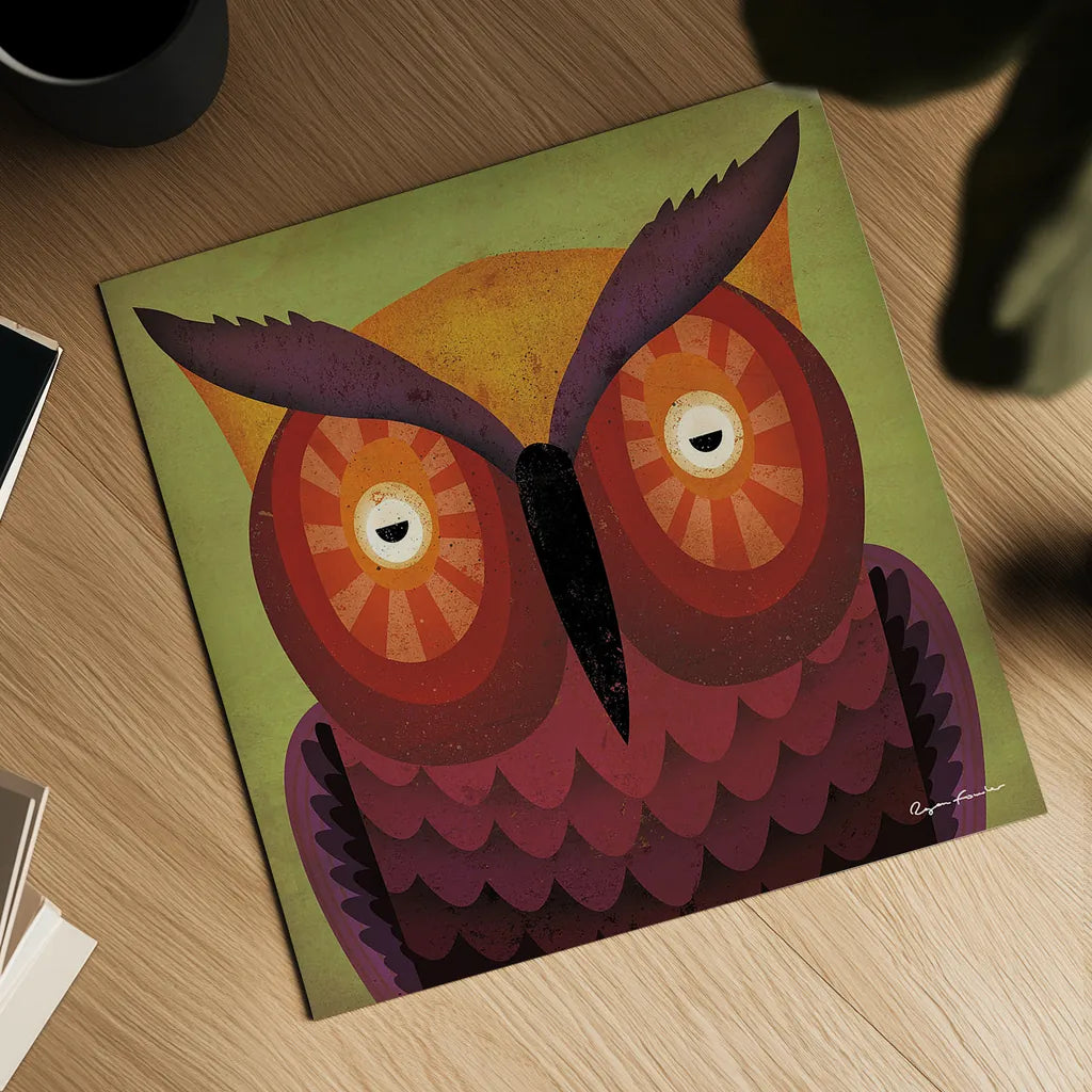 Owl Wow by Ryan Fowler. Shown as a detailed flat fine art print, highlighting archival giclee quality. Available as an archival giclee rolled canvas, fine art paper, or poster print. SKU 15226a.