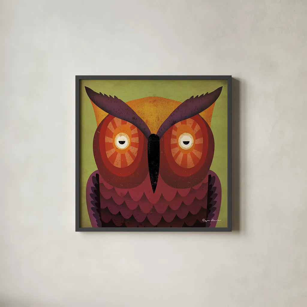Owl Wow by Ryan Fowler. Shown in a sleek black glass frame for a contemporary gallery look. Available as an archival giclee rolled canvas, fine art paper, or poster print. SKU 15226a.