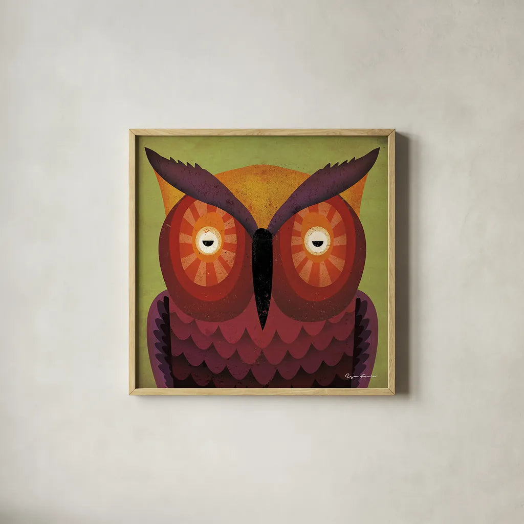 Owl Wow by Ryan Fowler. Shown in a natural wood glass frame for a timeless modern aesthetic. Available as an archival giclee rolled canvas, fine art paper, or poster print. SKU 15226a.