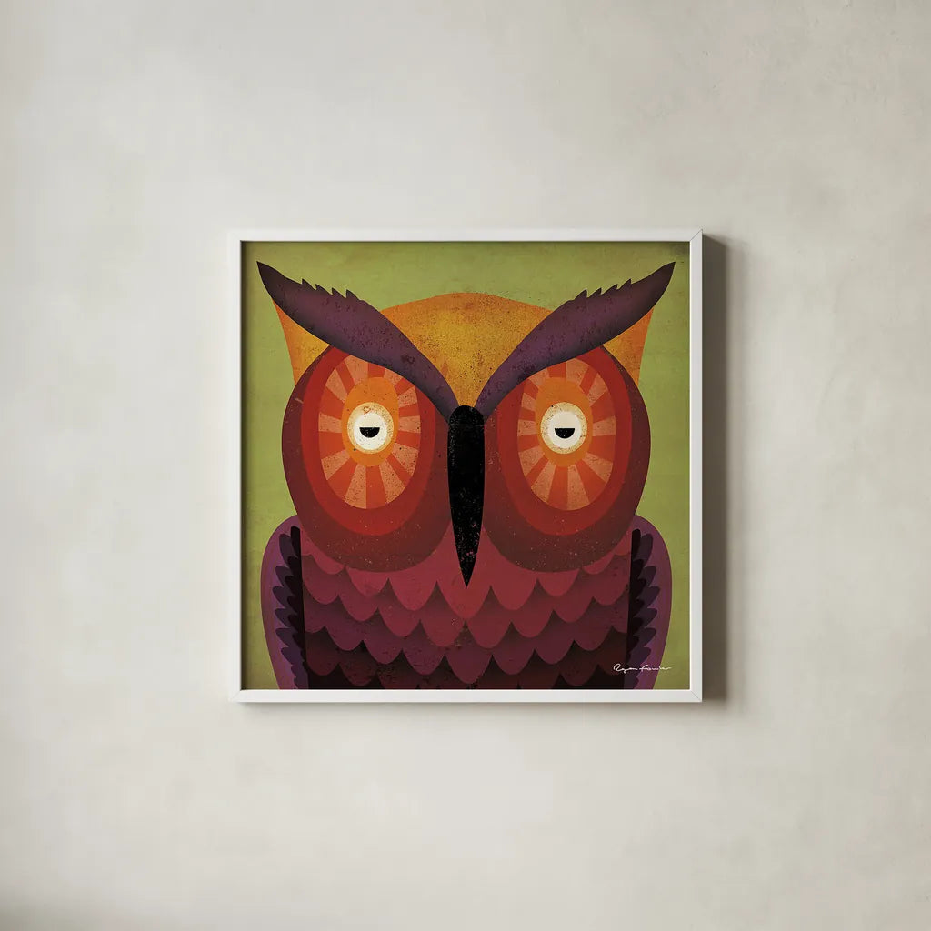 Owl Wow by Ryan Fowler. Shown in a crisp white glass frame for a clean and minimalist style. Available as an archival giclee rolled canvas, fine art paper, or poster print. SKU 15226a.