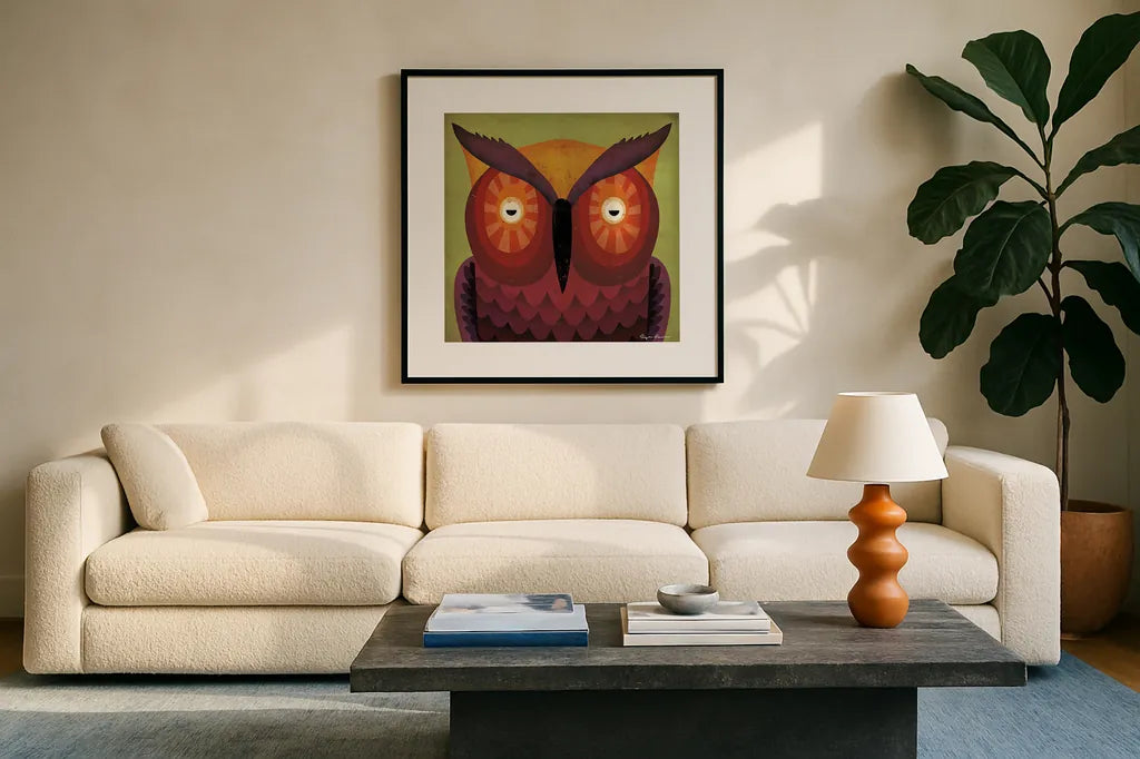 Owl Wow by Ryan Fowler. Displayed in a glass frame with matte in a clean modern living room. Available as an archival giclee rolled canvas, fine art paper, or poster print. SKU 15226a.