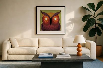 Owl Wow by Ryan Fowler. Displayed in a glass frame with matte in a clean modern living room. Available as an archival giclee rolled canvas, fine art paper, or poster print. SKU 15226a.