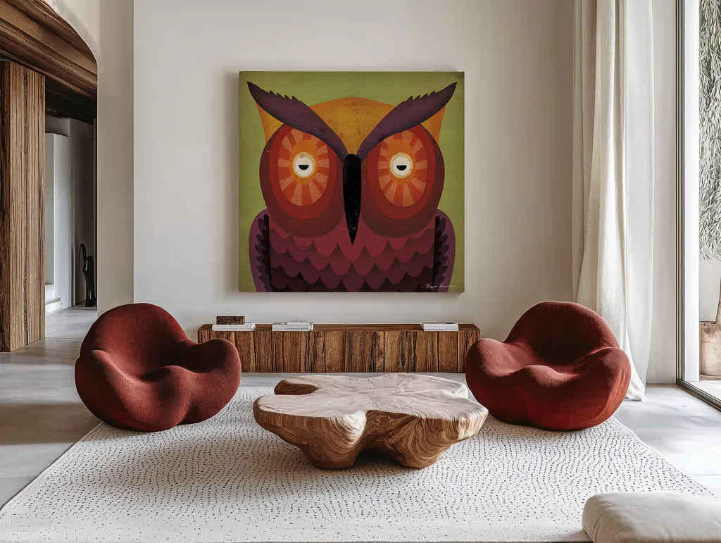 Owl Wow by Ryan Fowler. Shown as extra-large giant wall art in a modern living room. Available as an archival giclee rolled canvas, fine art paper, or poster print. SKU 15226a.