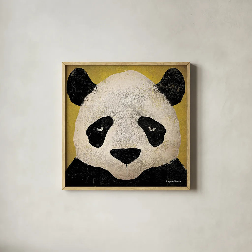 Panda by Ryan Fowler. Shown in a natural wood glass frame for a timeless modern aesthetic. Available as an archival giclee rolled canvas, fine art paper, or poster print. SKU 14806a.
