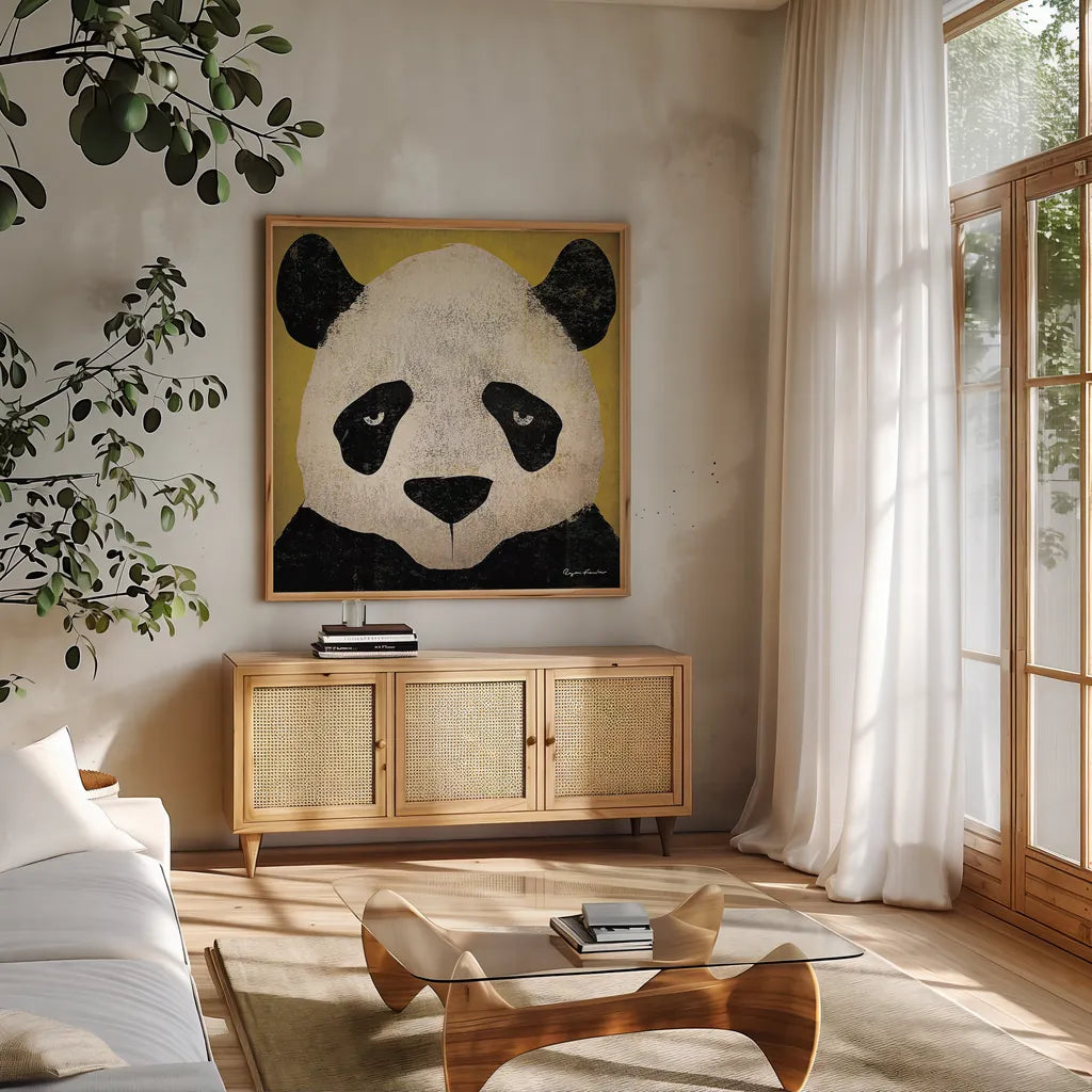 Panda by Ryan Fowler. Shown in a natural wood frame in a cozy modern living room. Available as an archival giclee rolled canvas, fine art paper, or poster print. SKU 14806a.