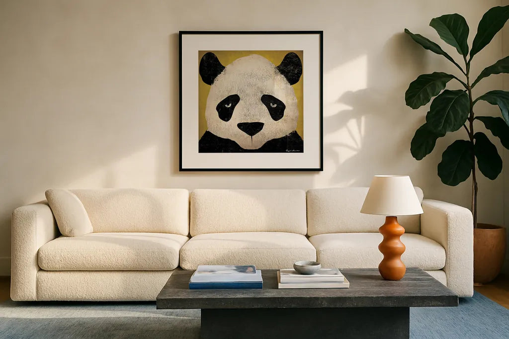 Panda by Ryan Fowler. Displayed in a glass frame with matte in a clean modern living room. Available as an archival giclee rolled canvas, fine art paper, or poster print. SKU 14806a.
