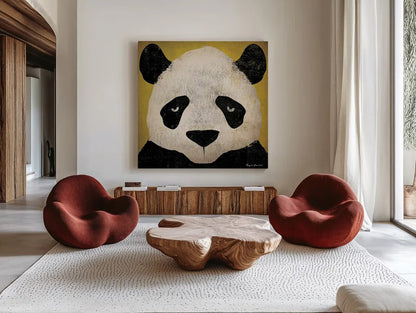 Panda by Ryan Fowler. Shown as extra-large giant wall art in a modern living room. Available as an archival giclee rolled canvas, fine art paper, or poster print. SKU 14806a.