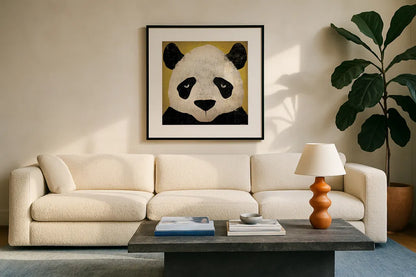 Panda by Ryan Fowler. Displayed in a glass frame with matte in a clean modern living room. Available as an archival giclee rolled canvas, fine art paper, or poster print. SKU 15228a.