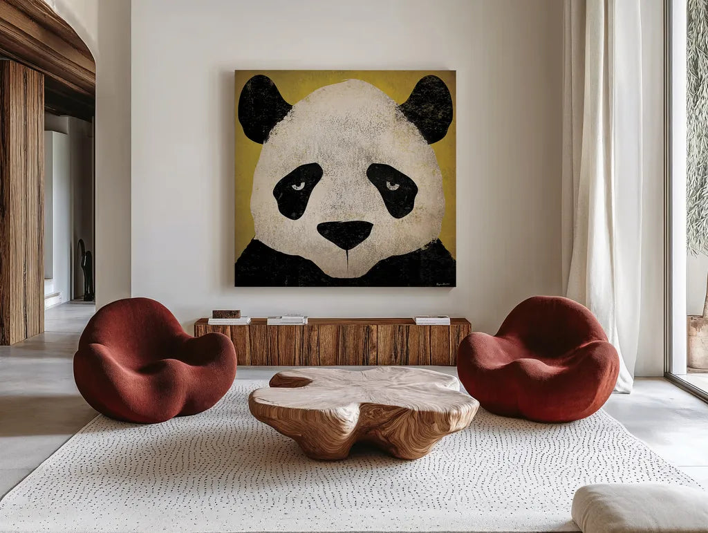 Panda by Ryan Fowler. Shown as extra-large giant wall art in a modern living room. Available as an archival giclee rolled canvas, fine art paper, or poster print. SKU 15228a.
