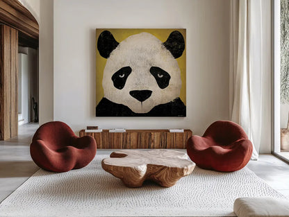 Panda by Ryan Fowler. Shown as extra-large giant wall art in a modern living room. Available as an archival giclee rolled canvas, fine art paper, or poster print. SKU 15228a.