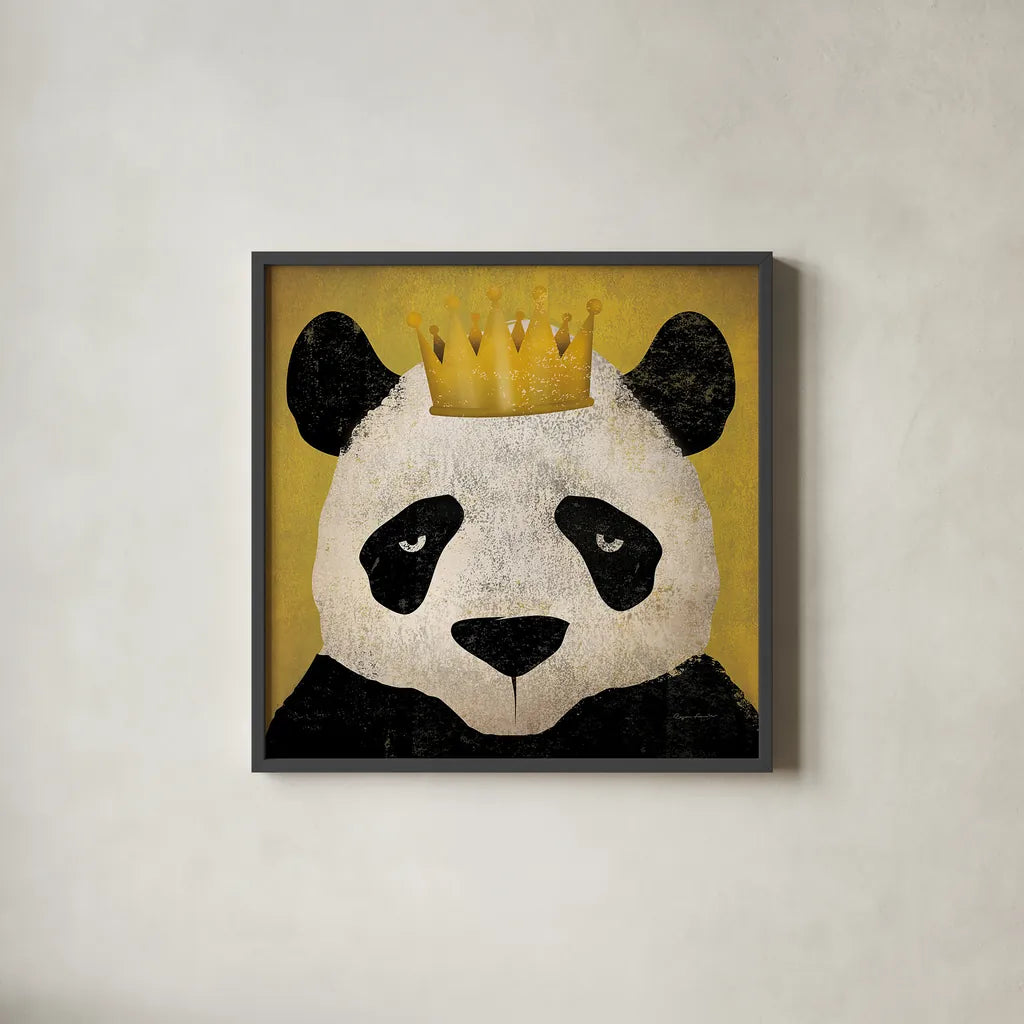Panda with Crown by Ryan Fowler. Shown in a sleek black glass frame for a contemporary gallery look. Available as an archival giclee rolled canvas, fine art paper, or poster print. SKU 35509a.