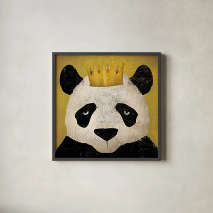 Panda with Crown by Ryan Fowler. Shown in a sleek black glass frame for a contemporary gallery look. Available as an archival giclee rolled canvas, fine art paper, or poster print. SKU 35509a.