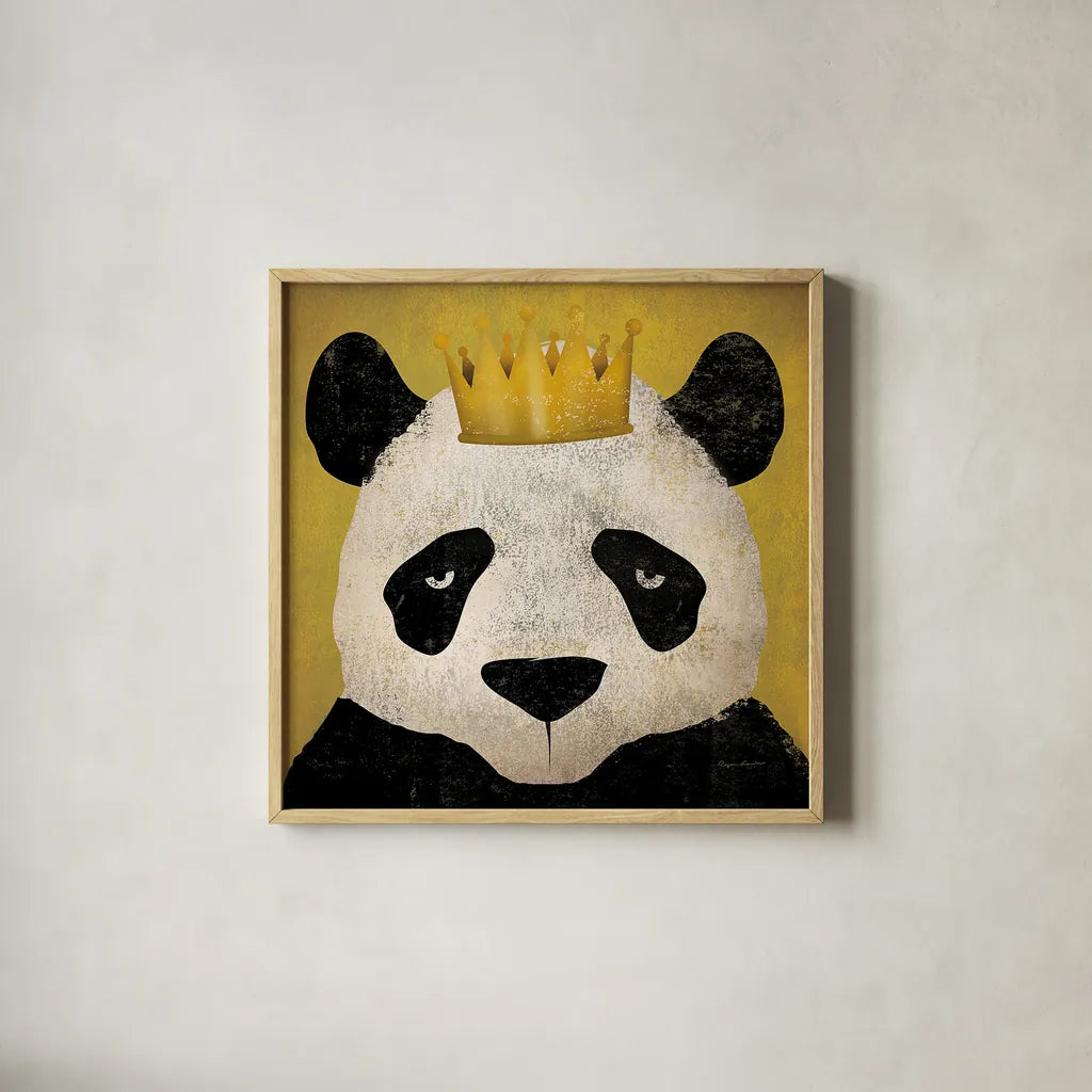 Panda with Crown by Ryan Fowler. Shown in a natural wood glass frame for a timeless modern aesthetic. Available as an archival giclee rolled canvas, fine art paper, or poster print. SKU 35509a.