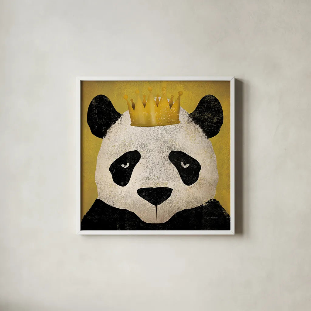 Panda with Crown by Ryan Fowler. Shown in a crisp white glass frame for a clean and minimalist style. Available as an archival giclee rolled canvas, fine art paper, or poster print. SKU 35509a.