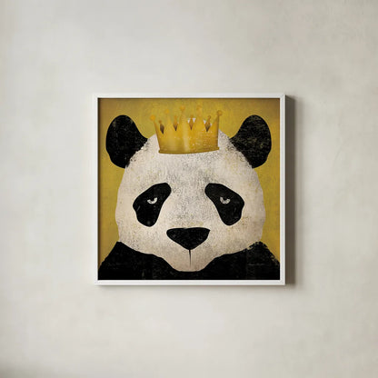 Panda with Crown by Ryan Fowler. Shown in a crisp white glass frame for a clean and minimalist style. Available as an archival giclee rolled canvas, fine art paper, or poster print. SKU 35509a.