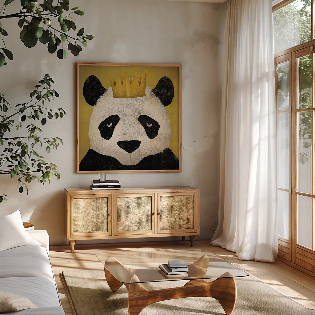 Panda with Crown by Ryan Fowler. Shown in a natural wood frame in a cozy modern living room. Available as an archival giclee rolled canvas, fine art paper, or poster print. SKU 35509a.