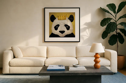 Panda with Crown by Ryan Fowler. Displayed in a glass frame with matte in a clean modern living room. Available as an archival giclee rolled canvas, fine art paper, or poster print. SKU 35509a.