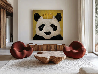 Panda with Crown by Ryan Fowler. Shown as extra-large giant wall art in a modern living room. Available as an archival giclee rolled canvas, fine art paper, or poster print. SKU 35509a.
