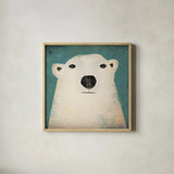 Polar Bear by Ryan Fowler. Shown in a natural wood glass frame for a timeless modern aesthetic. Available as an archival giclee rolled canvas, fine art paper, or poster print. SKU 11614a.