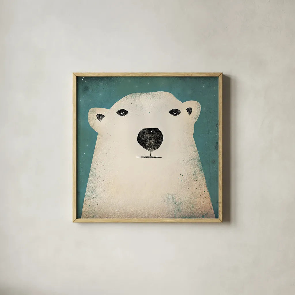 Polar Bear by Ryan Fowler. Shown in a natural wood glass frame for a timeless modern aesthetic. Available as an archival giclee rolled canvas, fine art paper, or poster print. SKU 11614a.