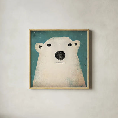 Polar Bear by Ryan Fowler. Shown in a natural wood glass frame for a timeless modern aesthetic. Available as an archival giclee rolled canvas, fine art paper, or poster print. SKU 11614a.