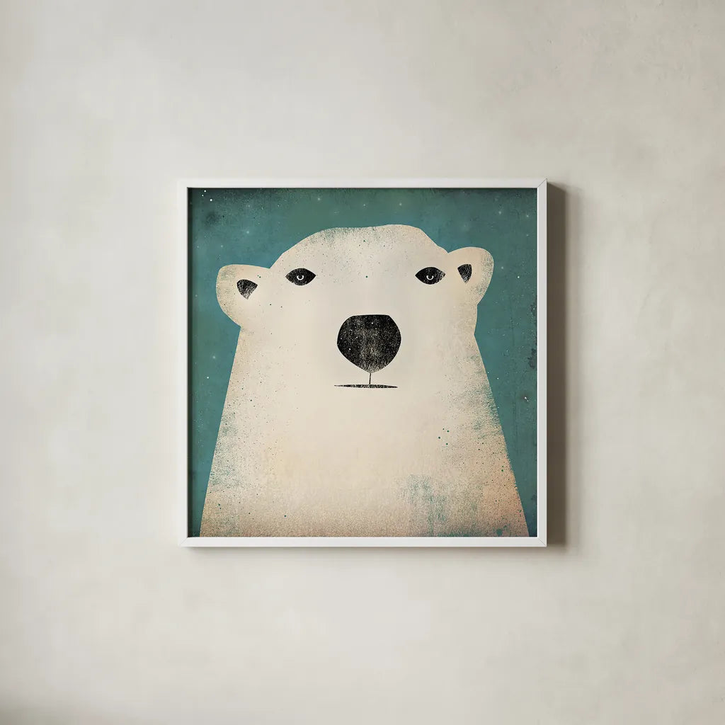 Polar Bear by Ryan Fowler. Shown in a crisp white glass frame for a clean and minimalist style. Available as an archival giclee rolled canvas, fine art paper, or poster print. SKU 11614a.