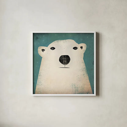 Polar Bear by Ryan Fowler. Shown in a crisp white glass frame for a clean and minimalist style. Available as an archival giclee rolled canvas, fine art paper, or poster print. SKU 11614a.