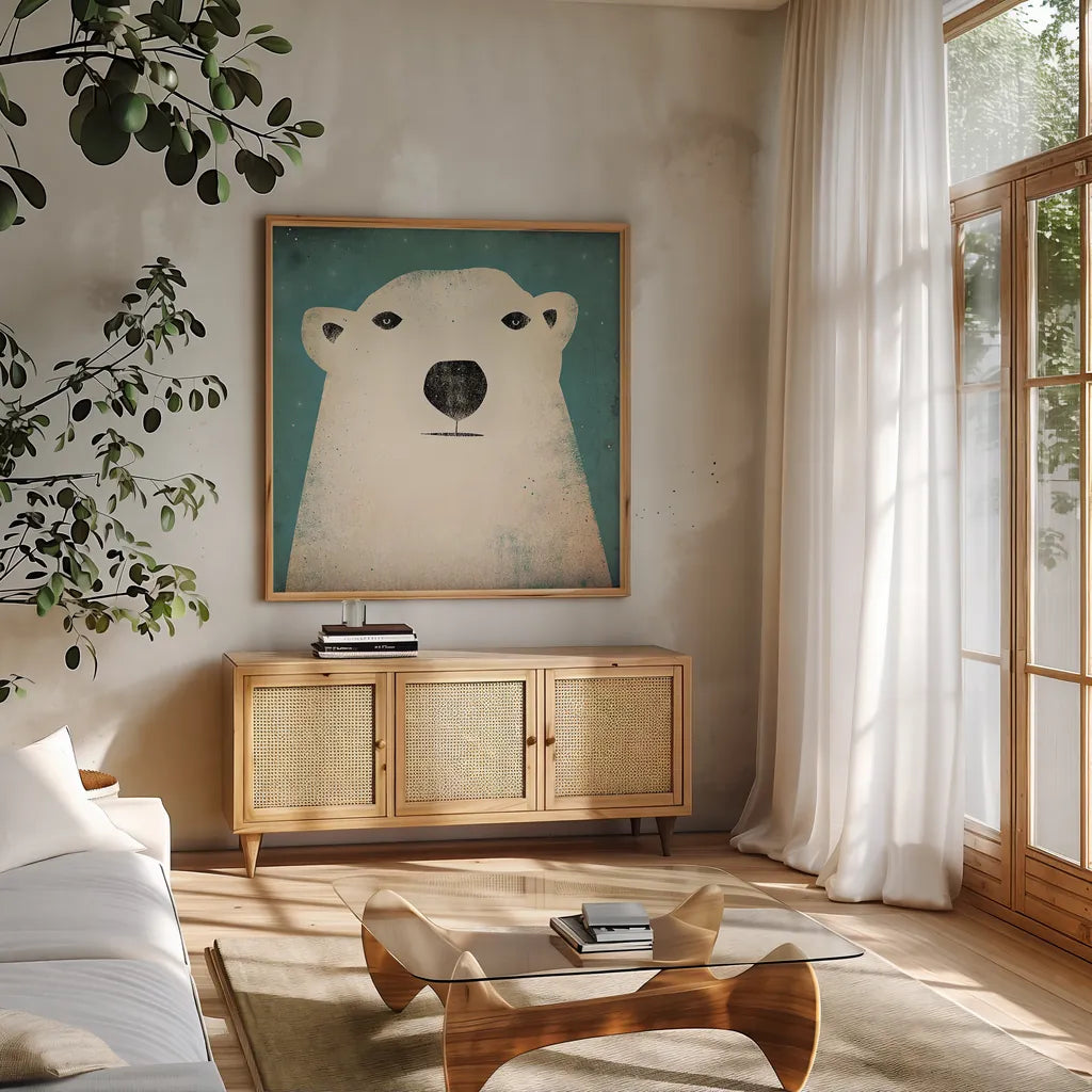 Polar Bear by Ryan Fowler. Shown in a natural wood frame in a cozy modern living room. Available as an archival giclee rolled canvas, fine art paper, or poster print. SKU 11614a.