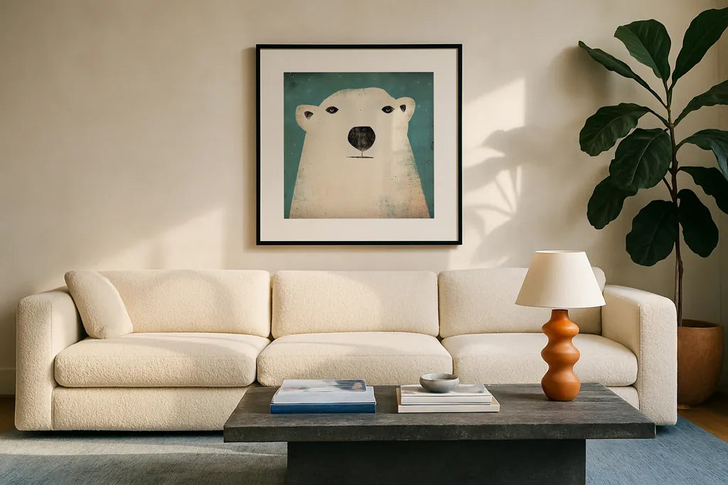 Polar Bear by Ryan Fowler. Displayed in a glass frame with matte in a clean modern living room. Available as an archival giclee rolled canvas, fine art paper, or poster print. SKU 11614a.