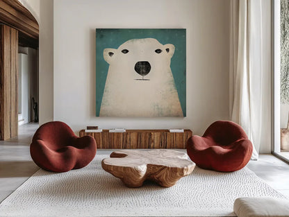 Polar Bear by Ryan Fowler. Shown as extra-large giant wall art in a modern living room. Available as an archival giclee rolled canvas, fine art paper, or poster print. SKU 11614a.
