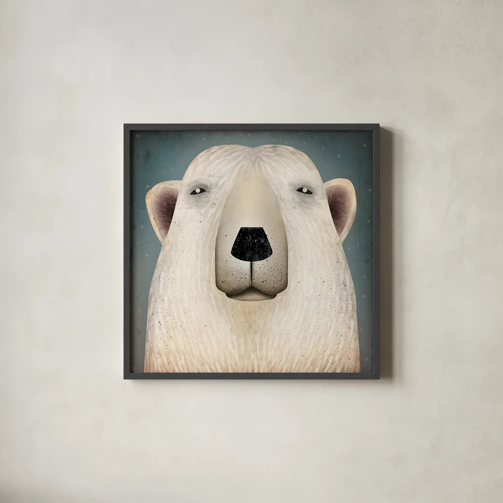 Polar Bear Wow by Ryan Fowler. Shown in a sleek black glass frame for a contemporary gallery look. Available as an archival giclee rolled canvas, fine art paper, or poster print. SKU 12201a.