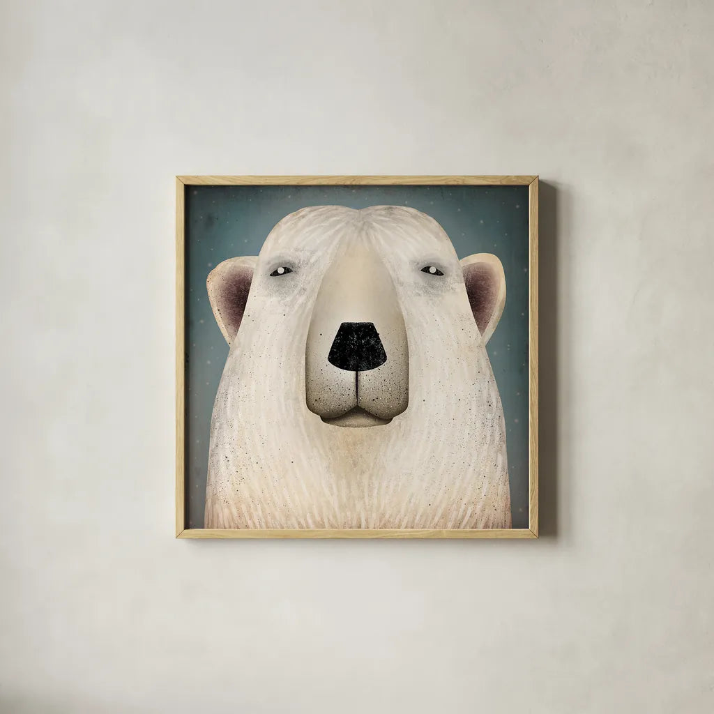 Polar Bear Wow by Ryan Fowler. Shown in a natural wood glass frame for a timeless modern aesthetic. Available as an archival giclee rolled canvas, fine art paper, or poster print. SKU 12201a.