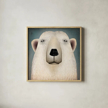 Polar Bear Wow by Ryan Fowler. Shown in a natural wood glass frame for a timeless modern aesthetic. Available as an archival giclee rolled canvas, fine art paper, or poster print. SKU 12201a.