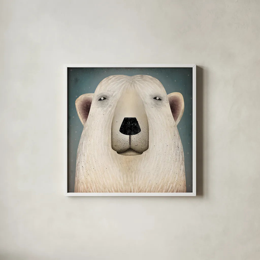 Polar Bear Wow by Ryan Fowler. Shown in a crisp white glass frame for a clean and minimalist style. Available as an archival giclee rolled canvas, fine art paper, or poster print. SKU 12201a.