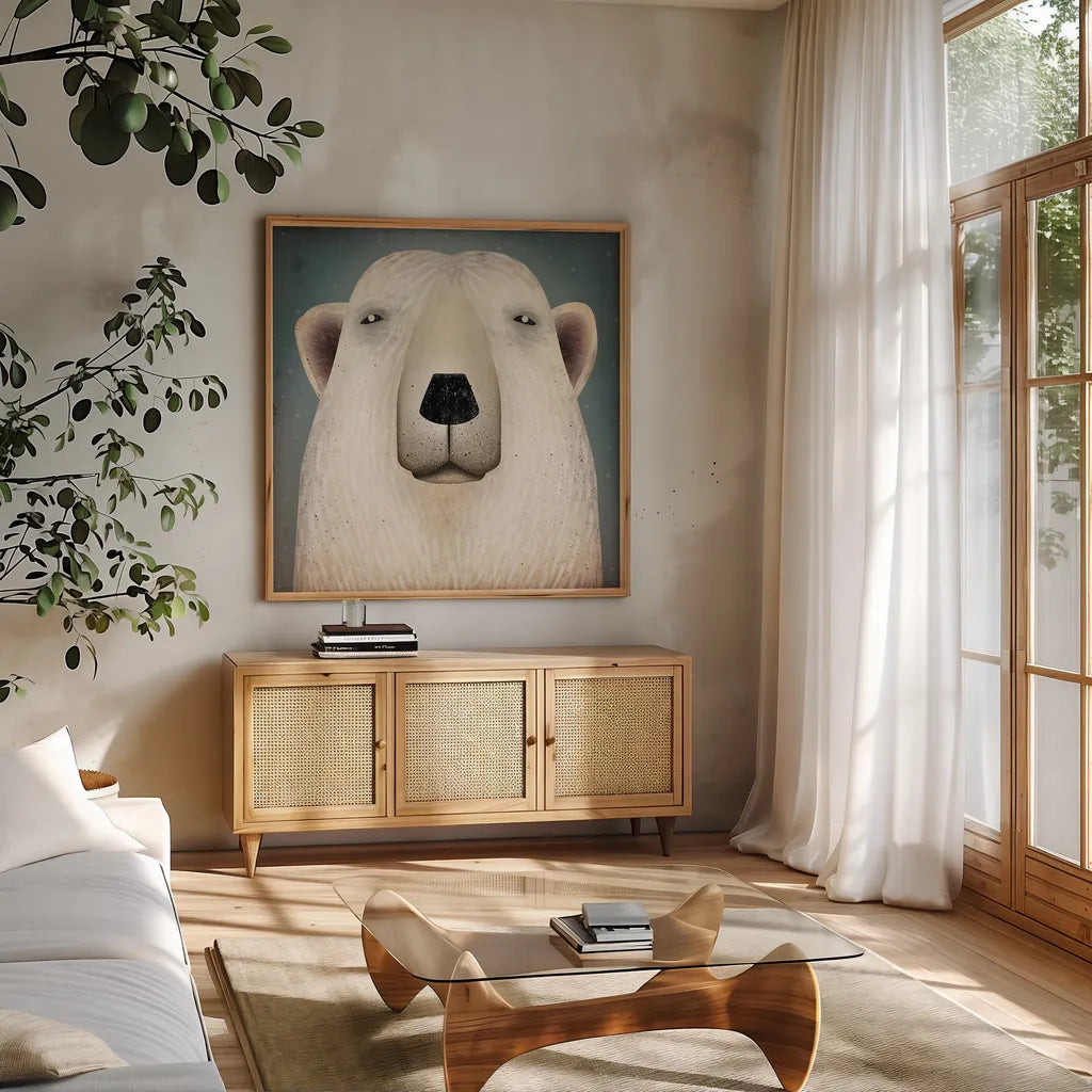 Polar Bear Wow by Ryan Fowler. Shown in a natural wood frame in a cozy modern living room. Available as an archival giclee rolled canvas, fine art paper, or poster print. SKU 12201a.