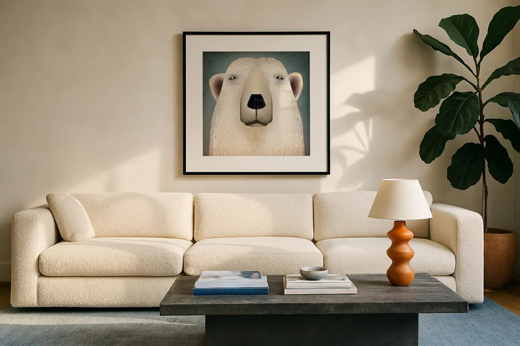 Polar Bear Wow by Ryan Fowler. Displayed in a glass frame with matte in a clean modern living room. Available as an archival giclee rolled canvas, fine art paper, or poster print. SKU 12201a.