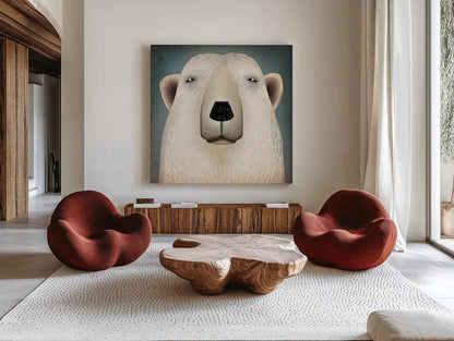 Polar Bear Wow by Ryan Fowler. Shown as extra-large giant wall art in a modern living room. Available as an archival giclee rolled canvas, fine art paper, or poster print. SKU 12201a.