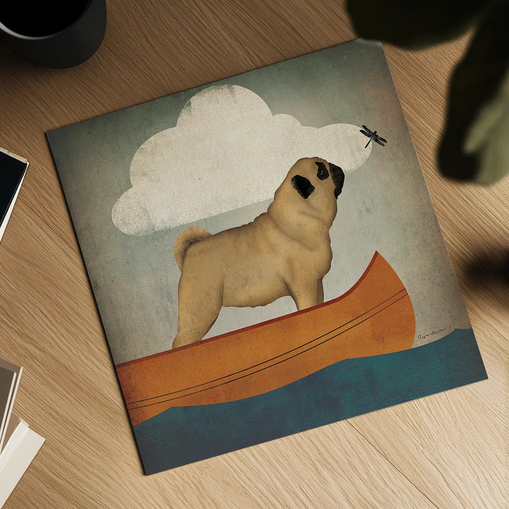 Pug Canoe by Ryan Fowler. Shown as a detailed flat fine art print, highlighting archival giclee quality. Available as an archival giclee rolled canvas, fine art paper, or poster print. SKU 26311a.