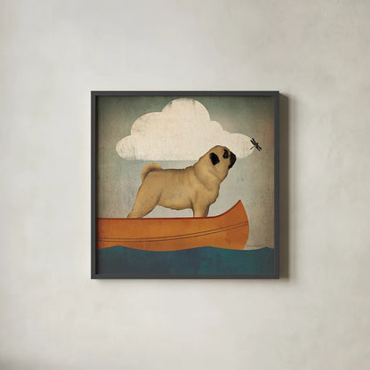 Pug Canoe by Ryan Fowler. Shown in a sleek black glass frame for a contemporary gallery look. Available as an archival giclee rolled canvas, fine art paper, or poster print. SKU 26311a.