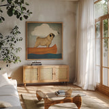 Pug Canoe by Ryan Fowler. Shown in a natural wood frame in a cozy modern living room. Available as an archival giclee rolled canvas, fine art paper, or poster print. SKU 26311a.