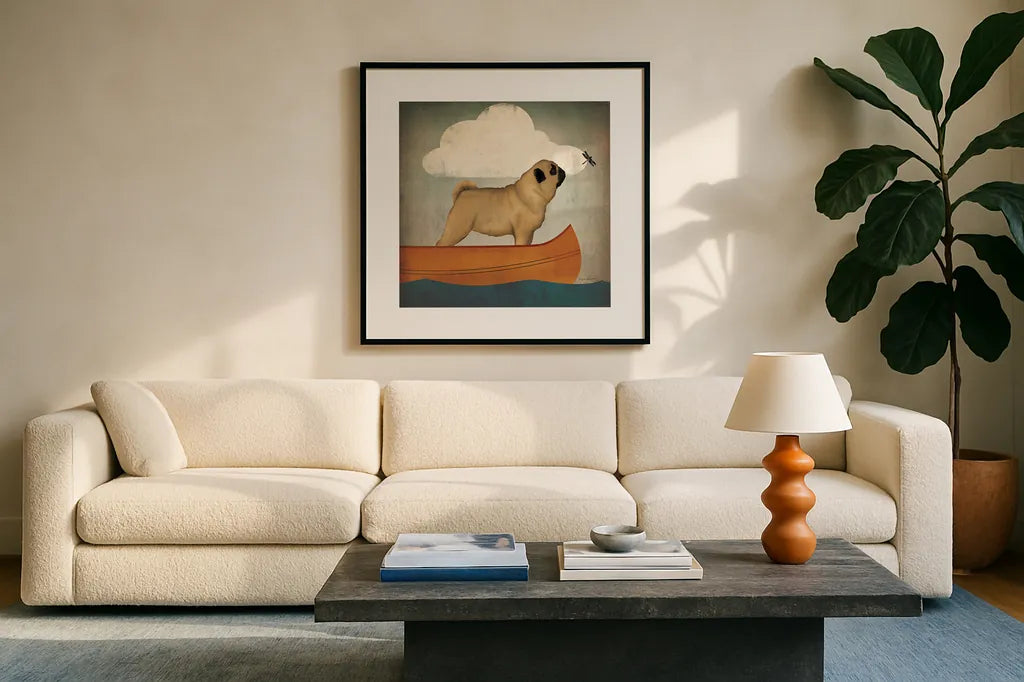 Pug Canoe by Ryan Fowler. Displayed in a glass frame with matte in a clean modern living room. Available as an archival giclee rolled canvas, fine art paper, or poster print. SKU 26311a.