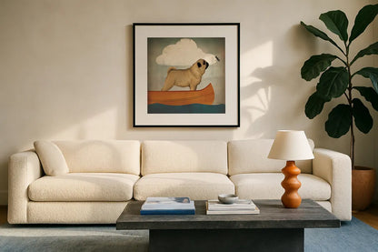 Pug Canoe by Ryan Fowler. Displayed in a glass frame with matte in a clean modern living room. Available as an archival giclee rolled canvas, fine art paper, or poster print. SKU 26311a.