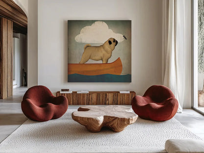 Pug Canoe by Ryan Fowler. Shown as extra-large giant wall art in a modern living room. Available as an archival giclee rolled canvas, fine art paper, or poster print. SKU 26311a.