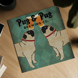 Pug and Pug Brewing Square by Ryan Fowler. Shown as a detailed flat fine art print, highlighting archival giclee quality. Available as an archival giclee rolled canvas, fine art paper, or poster print. SKU 12908a.