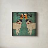 Pug and Pug Brewing Square by Ryan Fowler. Shown in a sleek black glass frame for a contemporary gallery look. Available as an archival giclee rolled canvas, fine art paper, or poster print. SKU 12908a.